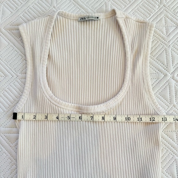 Zara Ribbed White Cotton Blend Tank Top Size M - Picture 4 of 8